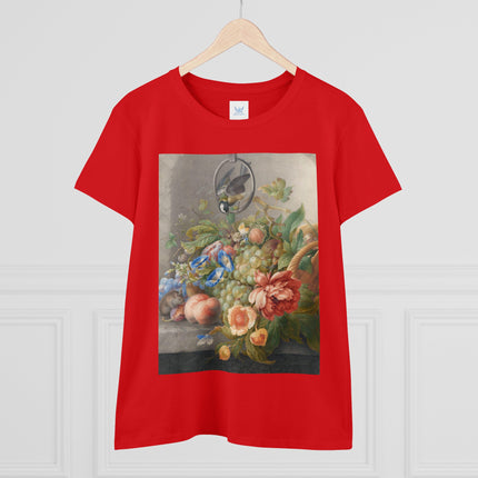 Still Life With Flowers, Fruit, A Great Tit And A Mouse by Herman Henstenburgh Women's Midweight Cotton Tee