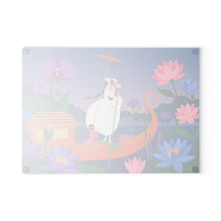 🪷🚣 The Lady Of The Lotus Lake Glass Cutting Board – Art Deco Botanical Fantasy