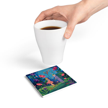 🌸🎈 The Garden Of Curious Companions Ceramic Coaster – Art Deco Floral Whimsy