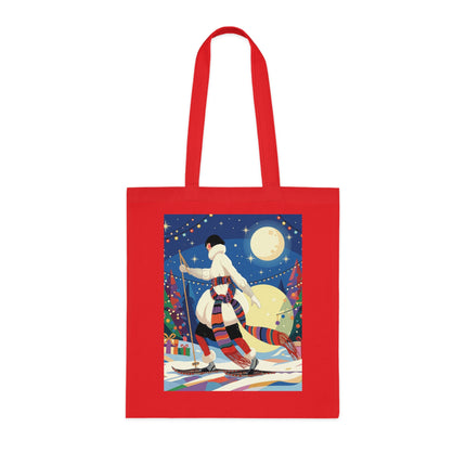 🎿🌙 The Moonlit Christmas Skier Cotton Tote Bag – Art Deco Holiday Adventure