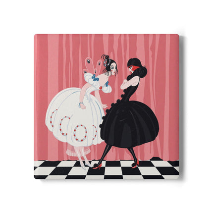 🎭🖤 The Masquerade Secret Ceramic Coaster – Art Deco Fashion Whimsy