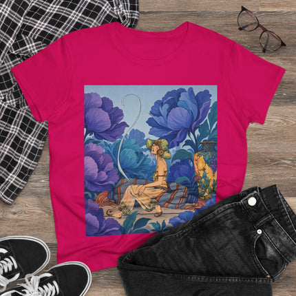 💙🌸 The Lady Among The Blue Blossoms Cotton Tee – Art Deco Floral Reverie