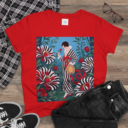 ❤️🌹 The Scarlet Striped Garden Cotton Tee – Art Deco Fashion Illustration