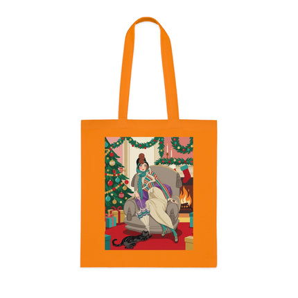 🔥🎄 The Lady Of The Christmas Hearth Cotton Tote Bag – Art Deco Holiday Warmth
