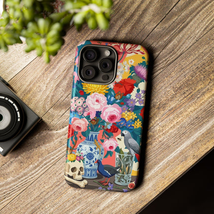 Floral Vanitas Phone Case – Parrot & Porcelain Splendor