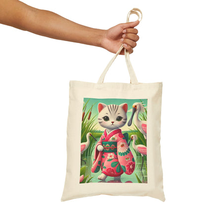 Geisha Kitten Strolls Among the Spoonbills Cotton Canvas Tote Bag – Serene Grace & Marshland Wonder