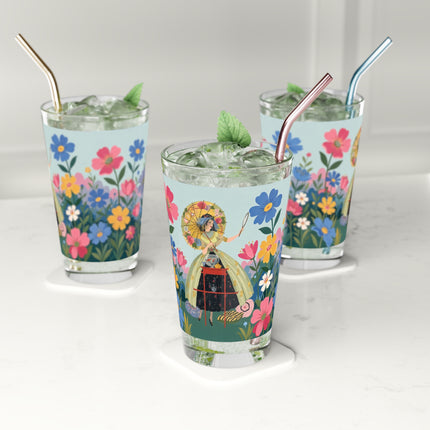 🌸🎀 The Grand Floral Promenade Pint Glass – Art Deco Fashion Fantasy