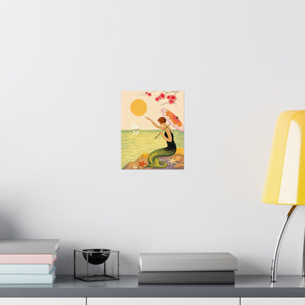 🧜‍♀️🌸 The Lady Of The Seaside Parasol Matte Vertical Poster – Art Deco Mermaid Fantasy