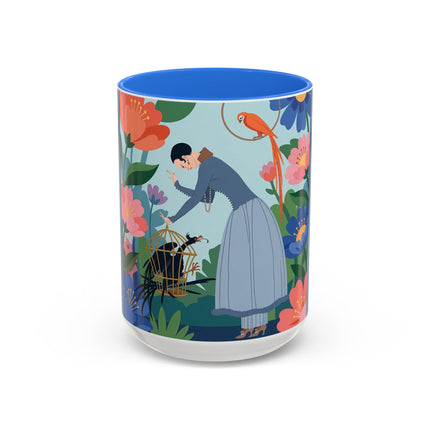 The Lady And The Mysterious Bird Colorful Mugs – Art Deco Botanical Mystery
