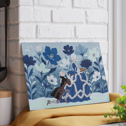 💙❄️ The Winter Courtship Glass Cutting Board – Art Deco Floral Romance