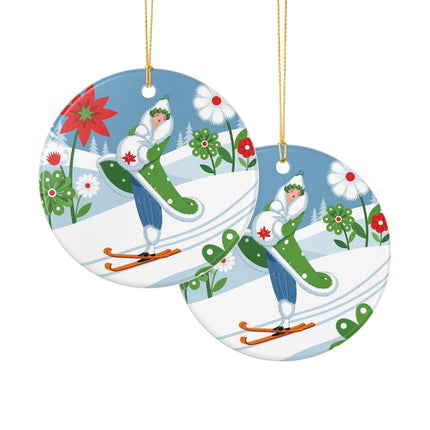 🎿❄️ The Winter Garden Skier Ceramic Ornament – Whimsical Holiday Fantasy