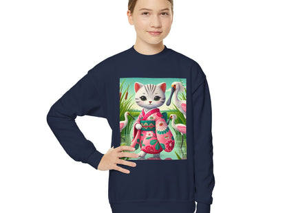 Geisha Kitten Strolls Among the Spoonbills Youth Crewneck Sweatshirt