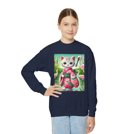 Geisha Kitten Strolls Among the Spoonbills Youth Crewneck Sweatshirt – Grace, Nature & Whimsical Elegance
