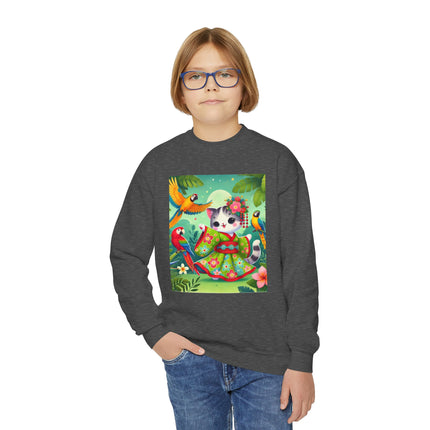 Parrot Dance of the Geisha Kitten Youth Crewneck Sweatshirt – Color, Rhythm & Joyful Expression