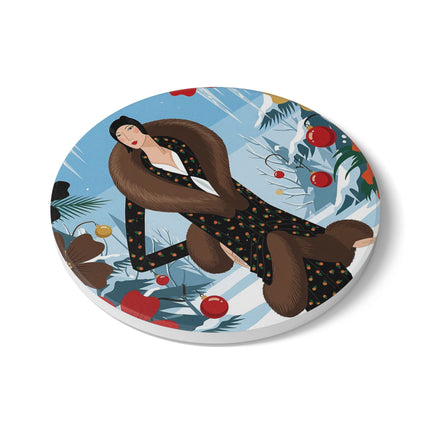 ❤️🌺 The Lady Of The Winter Garden Ceramic Coaster – Art Deco Winter Elegance
