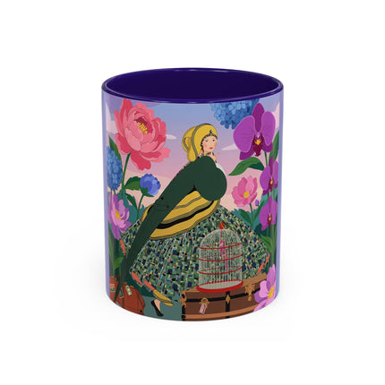 The Lady And The Crimson Birdcage Colorful Mugs – Art Deco Tropical Garden Elegance