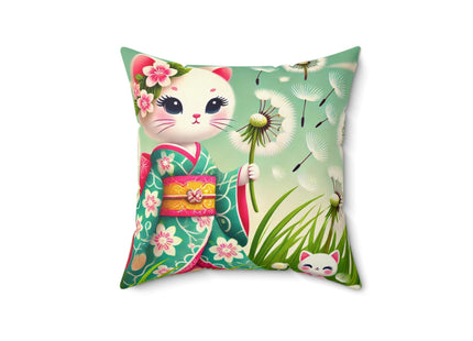Geisha Kitten and the Dandelion Wish Spun Polyester Square Pillow