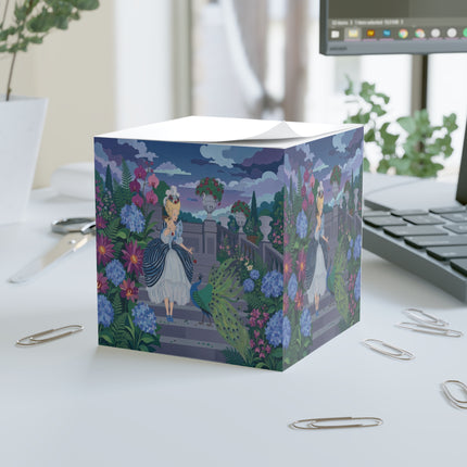 🦚🌸 The Peacock Garden Terrace Note Cube – Art Deco Floral Elegance