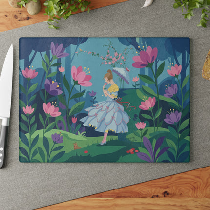 🌸🐇 The Lady Of The Secret Flower Wood Glass Cutting Board – Art Deco Enchanted Garden Fantasy
