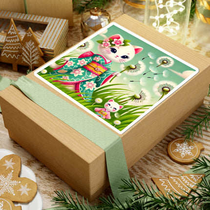 🌾🌼 Geisha Kitten and the Dandelion Wish Kiss-Cut Sticker – Gentle Wishes & Quiet Wonder
