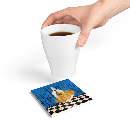 🎭🌹 The Lady At The Masquerade Gates Ceramic Coaster – Art Deco Fashion Illustration