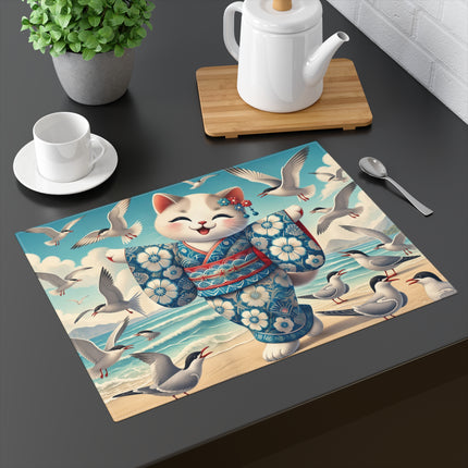 🐱🌊 Geisha Kitten by the Seaside Placemat – Whimsical Japanese Coastal Fantasy
