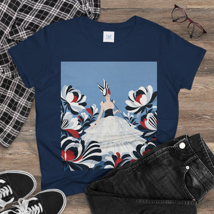 🖤🌸 The Black And Ivory Blossom Garden Cotton Tee – Art Deco Fashion Illustration