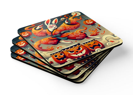 Jack-O’-Lantern Drums & The Kabuki Rabbit Corkwood Coaster Set