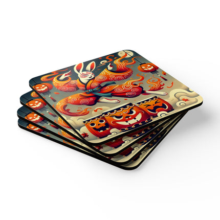 Jack-O’-Lantern Drums & The Kabuki Rabbit Corkwood Coaster Set
