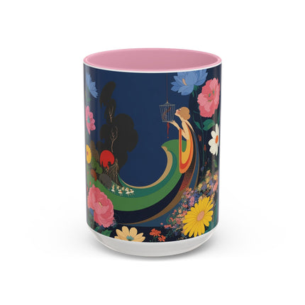 The Lady And The Crimson Moonbird Colorful Mugs – Art Deco Whimsical Garden Elegance