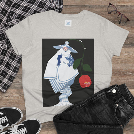 Blue & White Porcelain Geisha Women's Midweight Cotton Tee – Refined Elegance & Timeless Charm