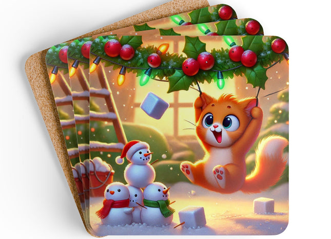 Naughty or Nice Kitten Christmas Corkwood Coaster Set