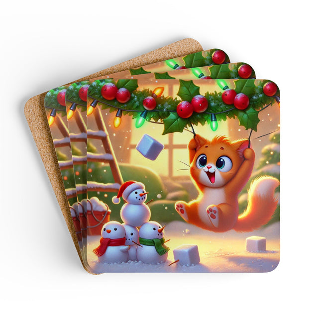 Naughty or Nice Kitten Christmas Corkwood Coaster Set