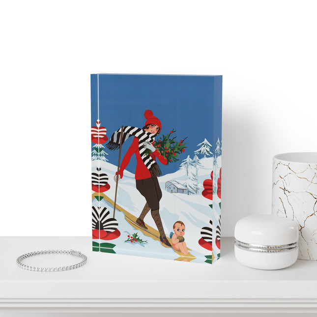🎿🎄 The Christmas Holly Skier Acrylic Art Block – Whimsical Holiday Fantasy