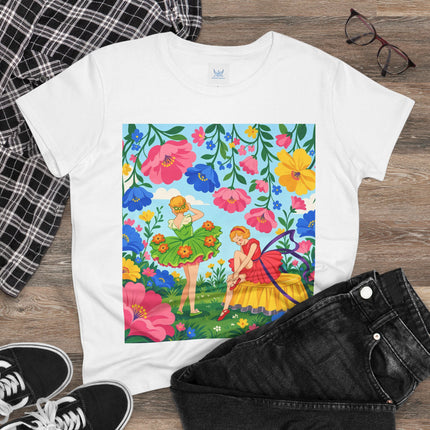 🌸🧚 The Fairies In The Flower Garden Cotton Tee – Art Deco Floral Whimsy