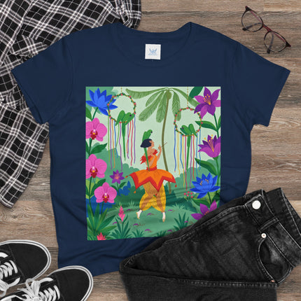 🌺🦜 The Tropical Garden Serenade Cotton Tee – Colorful Art Deco Fantasy