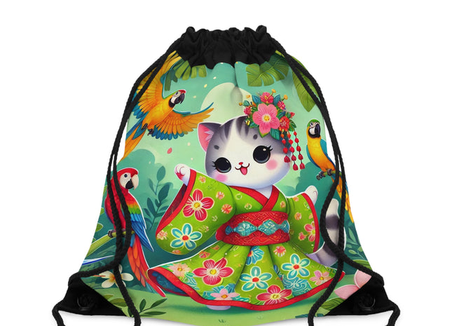 Parrot Dance of the Geisha Kitten Drawstring Bag