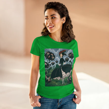 ❤️🌺 The Scarlet Parasol Garden Cotton Tee – Art Deco Floral Elegance