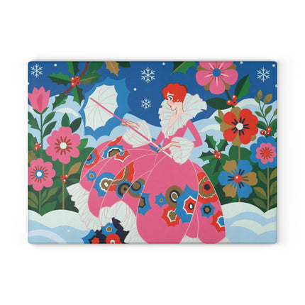 🌺❄️ The Lady Of The Enchanted Snow Glass Cutting Board – Art Deco Holiday Fantasy