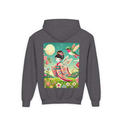 Geisha Fairy and the Hummingbird Blossom Youth Hooded Sweatshirt – Cozy Magic in Bloom