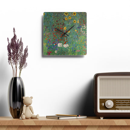 Farm Garden with Sunflowers by Gustav Klimt Acrylic Wall Clock, Round and Square