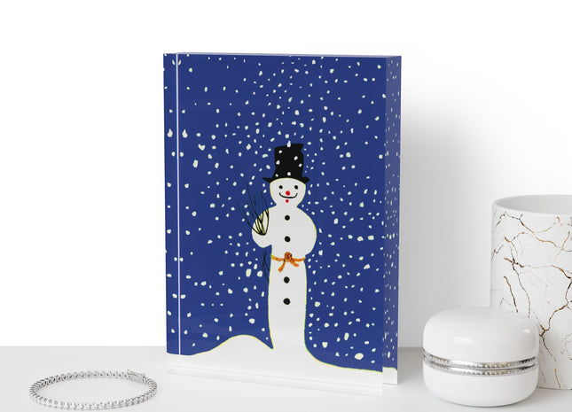 Snowman in Falling Snow Acrylic Art Block