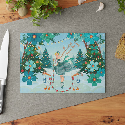 🪶🎄 The Lady Of The Christmas Bird Garden Glass Cutting Board – Art Deco Holiday Fantasy