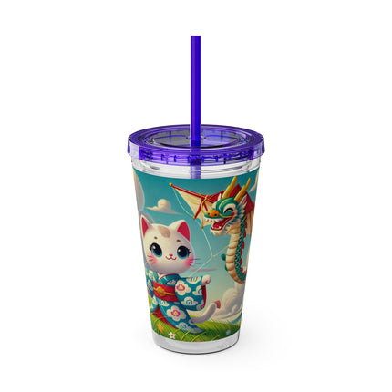Geisha Kitten and the Dragon Kite Sunsplash Tumbler with Straw, 16oz