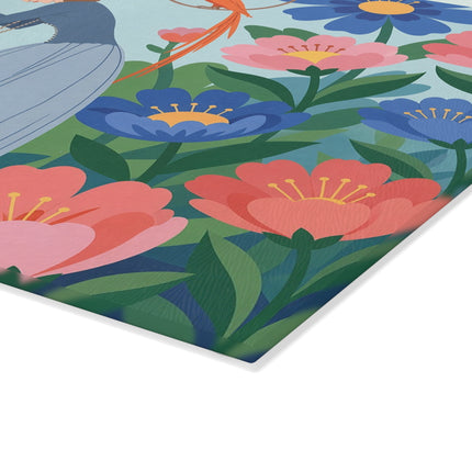 🌺🦜 The Lady Of The Enchanted Aviary Glass Cutting Board – Art Deco Floral Garden