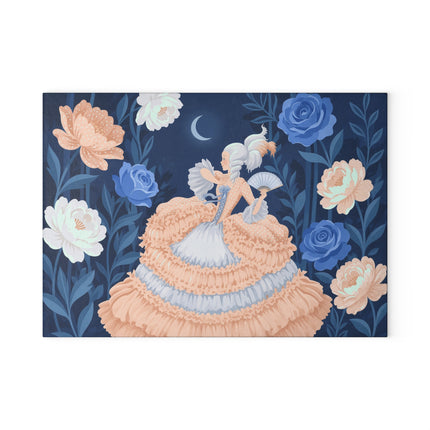 🌙🌹 The Lady Of The Moonlit Blue Rose Garden Glass Cutting Board – Art Deco Floral Elegance