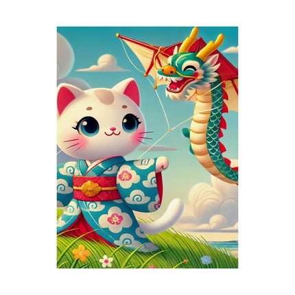 🪁🐉 Geisha Kitten and the Dragon Kite Matte Vertical Poster – Joyful Flight & Dragon Spirit