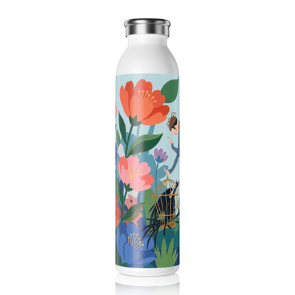 🌺🦜 The Lady Of The Garden Aviary Slim Water Bottle – Art Deco Botanical Whimsy