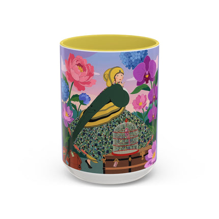 The Lady And The Crimson Birdcage Colorful Mugs – Art Deco Tropical Garden Elegance