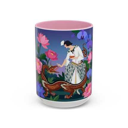 The Lady And The Garden Dragon Colorful Mugs – Art Deco Mythical Botanical Elegance